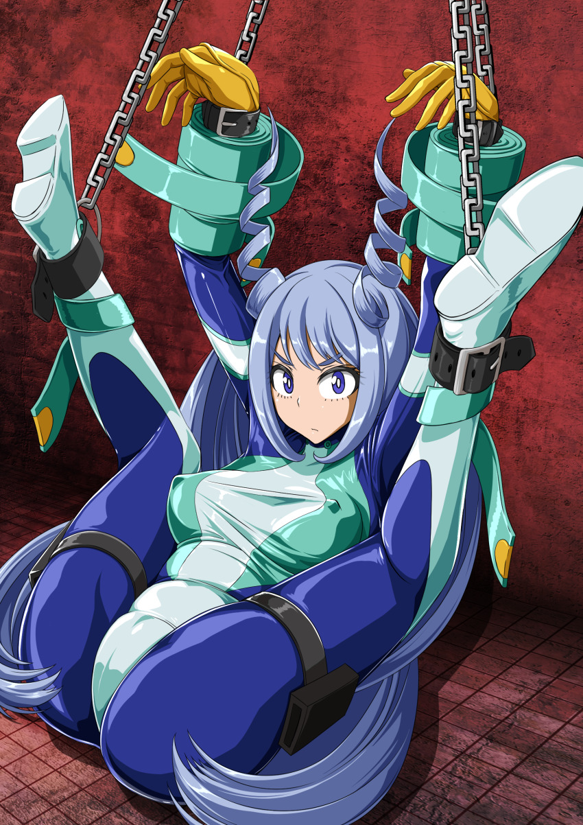 absurdres, bdsm, blue_bodysuit, blue_eyes, blue_hair, bodysuit, boku_no_hero_academia, breasts, bright_pupils, cameltoe, covered_erect_nipples, drill_hair, folded, gloves, green_bodysuit, hado_nejire, hair_horns, highres, latex, legs_over_head, legs_up, light_blue_hair, long_hair, looking_at_viewer, medium_breasts, restrained, restraints, skin_tight, superhero_costume, tamakko, twin_drills, very_long_hair, yellow_gloves