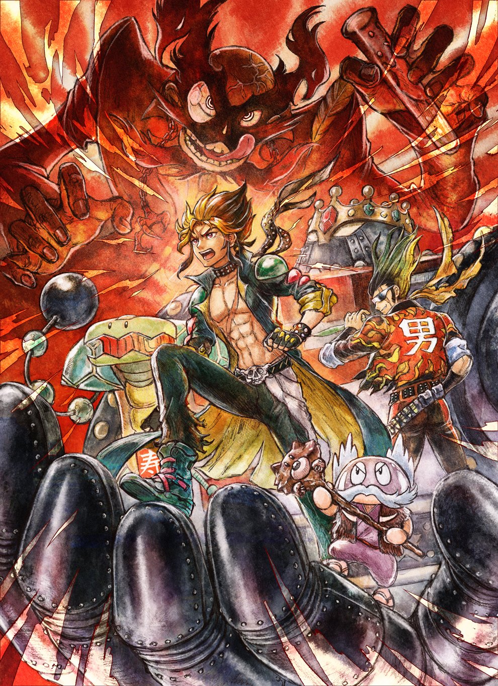 5boys, abs, buriki_daioh, crown, dr._toei_(live_a_live), evil_smile, flask, highres