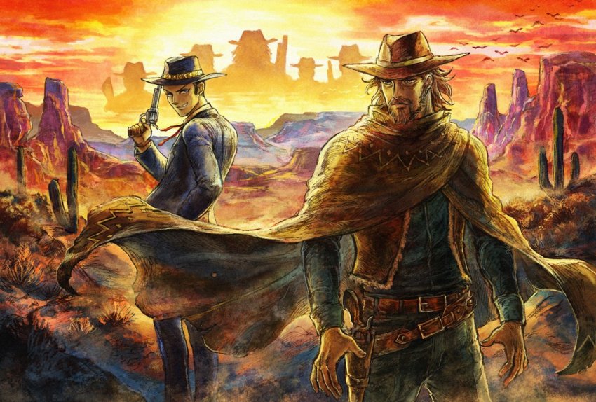 2boys, beard, blonde_hair, cactus, cowboy, cowboy_hat, cowboy_western, facial_hair