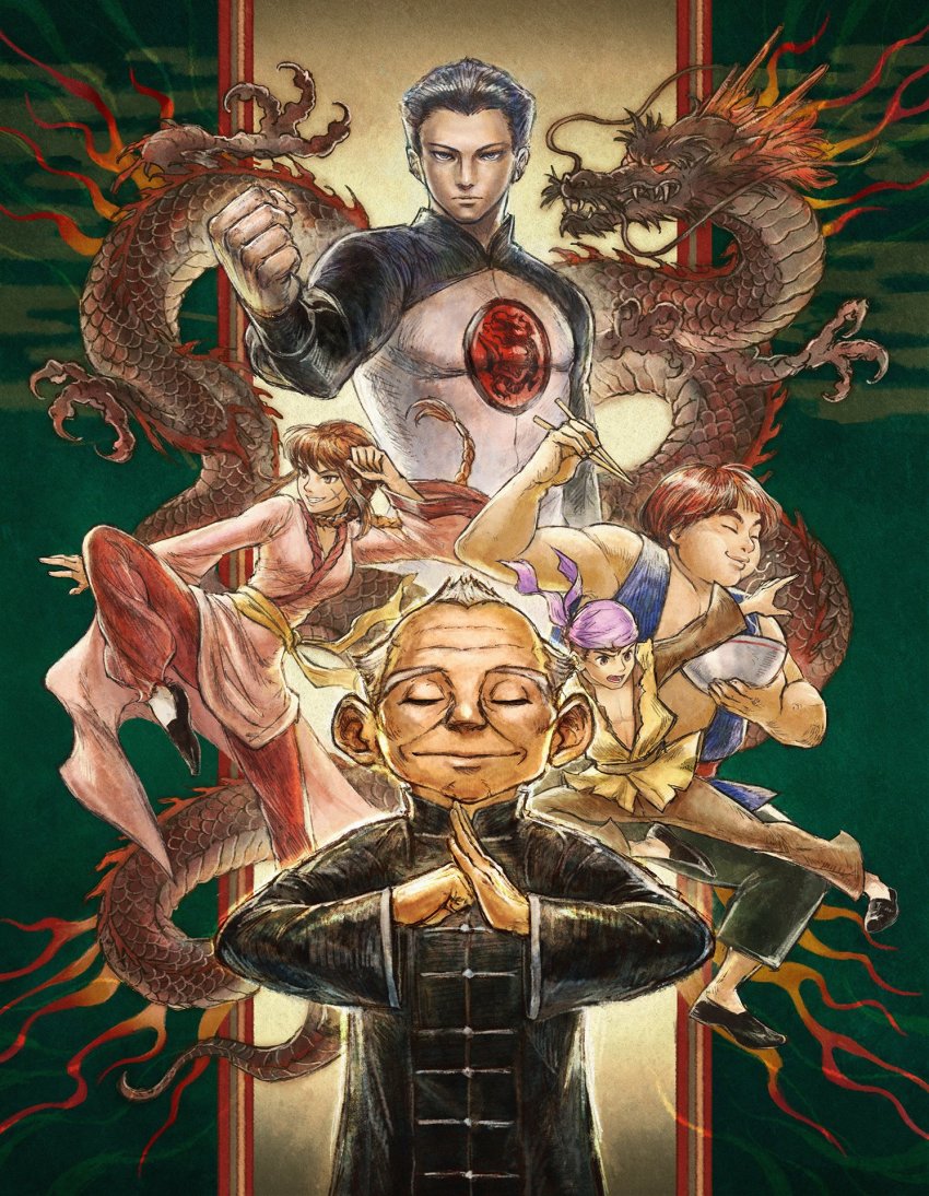 1girl, 4boys, bandana, black_hair, bowl, brown_hair, chinese_clothes, chopsticks