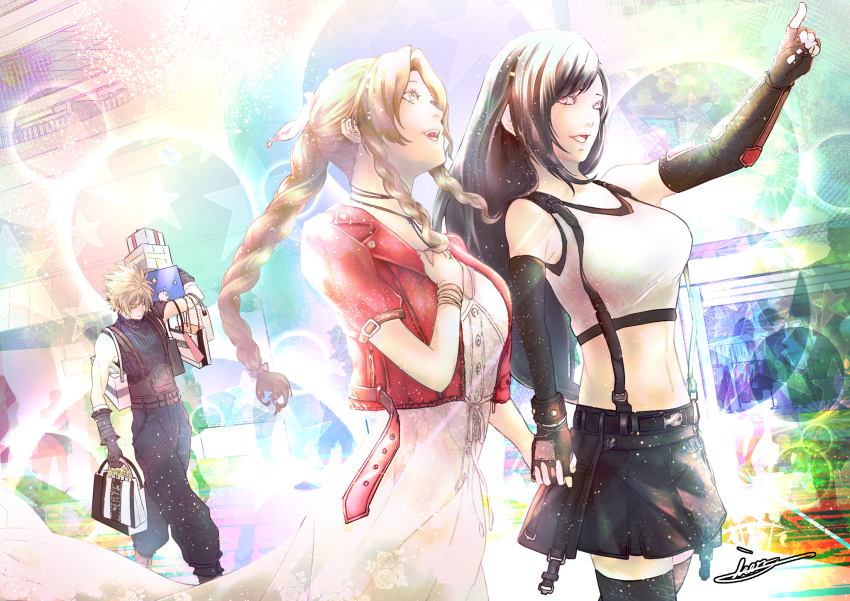 1boy, 2girls, aerith_gainsborough, bag, belt, black_gloves, black_hair, black_skirt