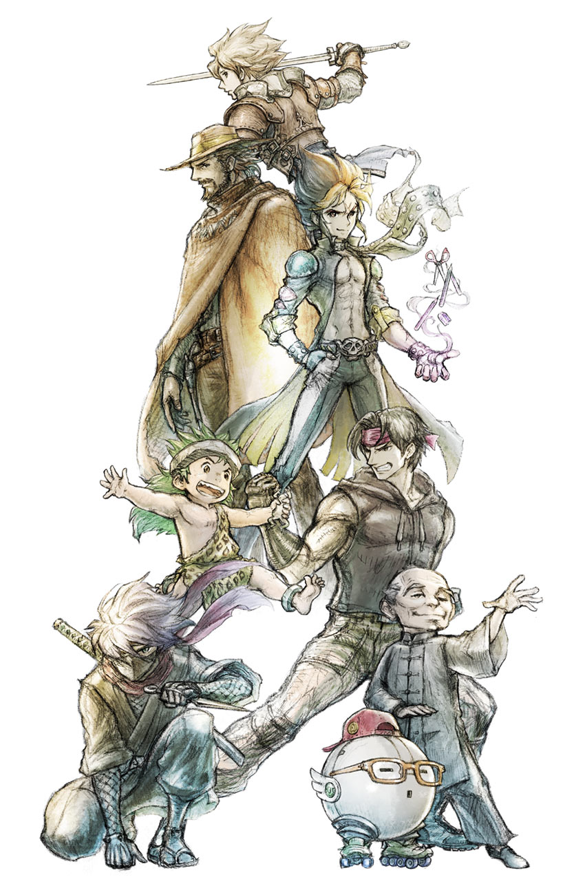 6+boys, armor, beard, brown_hair, cowboy_hat, cube_(live_a_live), facial_hair, fighting_stance