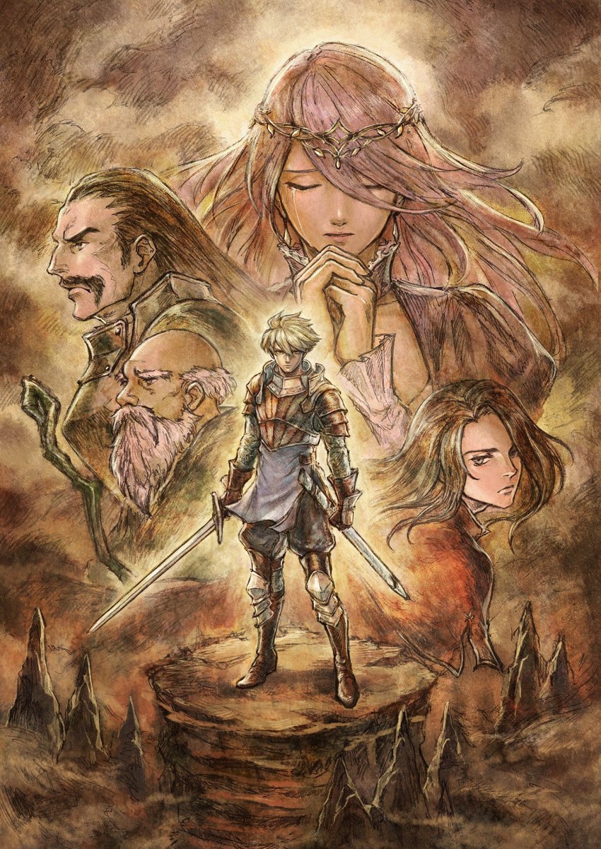 1girl, 4boys, alethea, armor, beard, cloud, cloudy_sky, facial_hair, hasshe, highres, ikusy, live_a_live, long_beard, looking_at_viewer, multiple_boys, mustache, oersted, official_art, praying, single_tear, sky, staff, standing, streibough, sword, tiara, uranus_(live_a_live), weapon