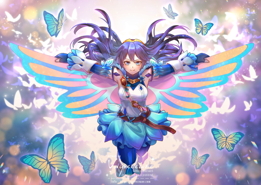 1girl, blue_eyes, blue_gloves, blue_hair, bug, butterfly, butterfly_wings, elbow_gloves