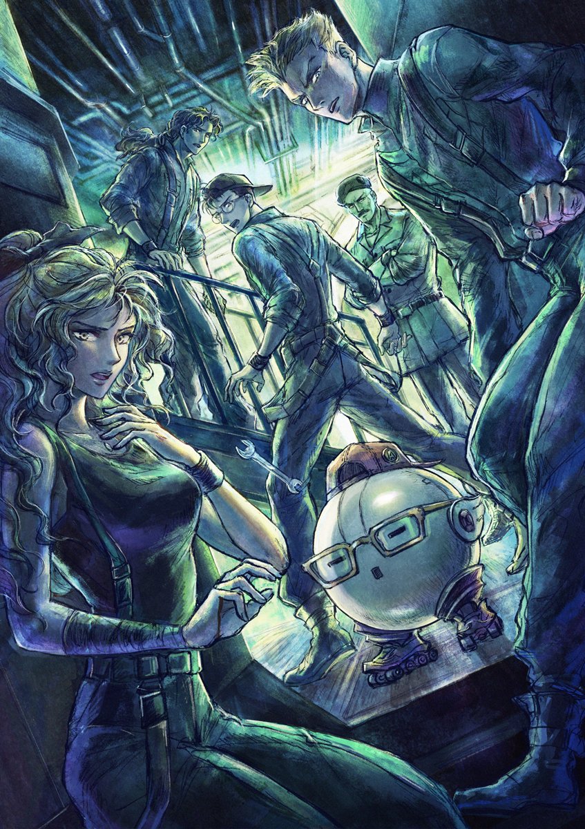 1girl, 4boys, beret, corporal_darthe, cube_(live_a_live), facial_hair, glasses, hat, highres, huey_trumbull, ikusy, kirk_wells, live_a_live, looking_at_viewer, multiple_boys, mustache, official_art, open_mouth, rachel_klein, robot, roller_skates, skates, suspenders, yoshiyuki_kato