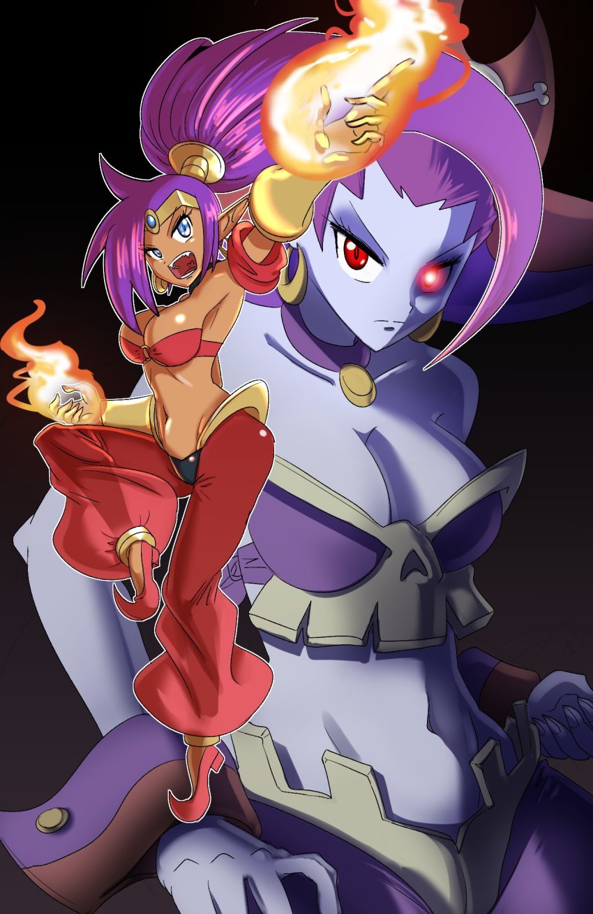2girls, blue_eyes, bra, breasts, colored_skin, dark-skinned_female, dark_skin, fire, hat, highres, large_breasts, long_hair, multiple_girls, pants, ponty_ears, ponytail, purple_hair, purple_skin, red_eyes, risky_boots, ruru_(sonicboom30813), shantae, shantae_(series), short_hair, sleeveless, underwear, very_long_hair