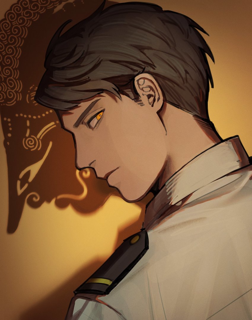 1boy, absurdres, axis_powers_hetalia, brown_hair, collared_shirt, commentary, dark-skinned_male, dark_skin