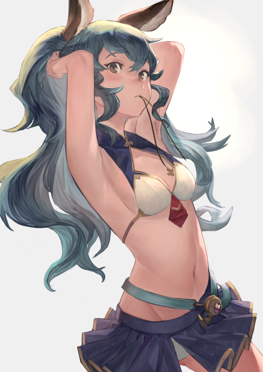 1girl, animal_ears, armpits, bikini, blue_hair, blue_skirt, blush, breasts