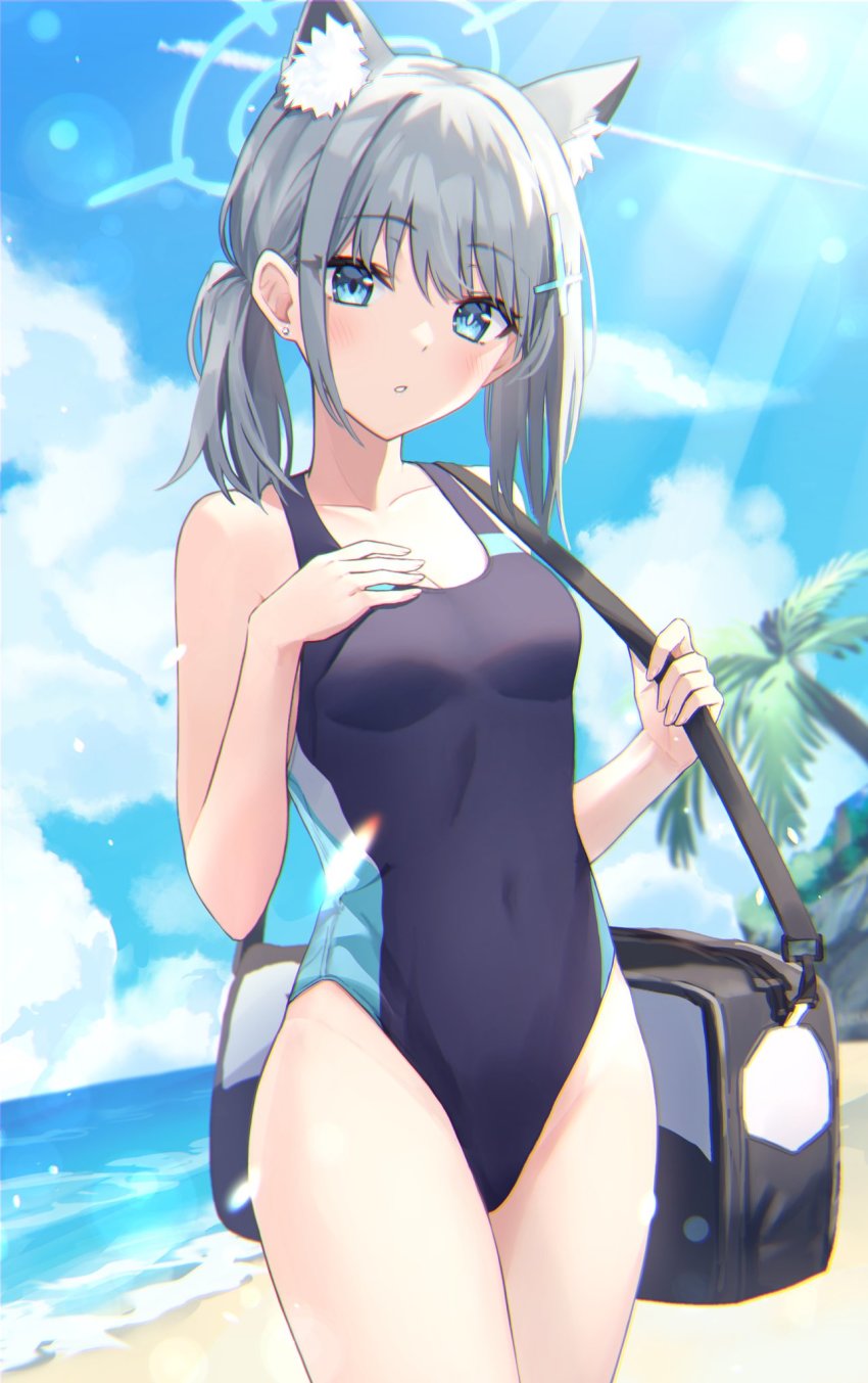 1girl, :o, animal_ear_fluff, animal_ears, bag, bare_shoulders, beach, blue_archive, blue_eyes, blue_sky, blush, breasts, cat_ears, cleavage, cloud, competition_swimsuit, covered_navel, cowboy_shot, cross_hair_ornament, day, duffel_bag, earrings, extra_ears, grey_hair, hair_ornament, halo, hand_on_own_chest, highres, horizon, jewelry, looking_at_viewer, low_ponytail, medium_hair, mismatched_pupils, ocean, one-piece_swimsuit, outdoors, palm_tree, ponytail, shiroko_(blue_archive), shiroko_(swimsuit)_(blue_archive), shoulder_bag, sky, small_breasts, solo, stud_earrings, sunlight, swimsuit, tree, water, yazi114