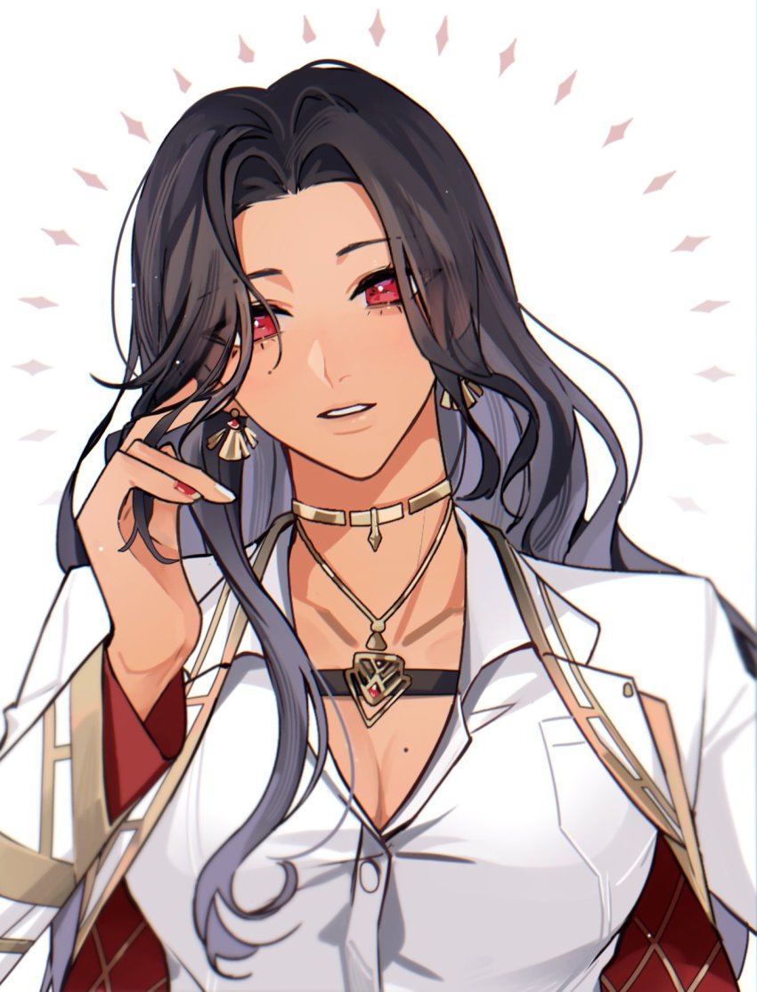 1girl, breasts, cleavage, dark-skinned_female, dark_skin, earrings, highres, jewelry, kiyukyuu, large_breasts, long_hair, mole, mole_on_breast, mole_under_eye, nail_polish, nijisanji, nijisanji_en, scarle_yonaguni, scarle_yonaguni_(1st_costume), shirt, solo, teeth, virtual_youtuber, white_shirt