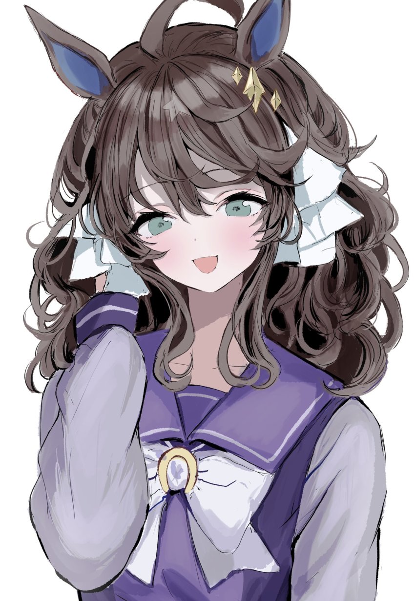 1girl, ahoge, animal_ears, blue_eyes, brown_hair, collarbone, daring_tact_(umamusume), hair_between_eyes