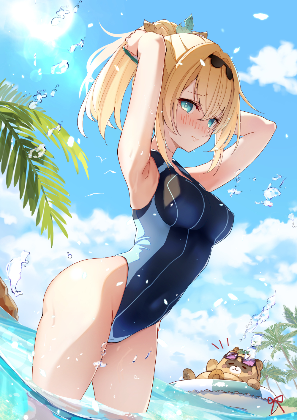 1girl, armpits, ass, bad_id, bad_twitter_id, blonde_hair, blue_eyes, blush