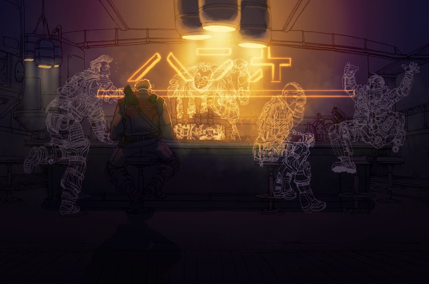 1girl, 4boys, apex_legends, asymmetrical_hair, bar_(place), cam_(g0rlassar), clenched_hand, commentary