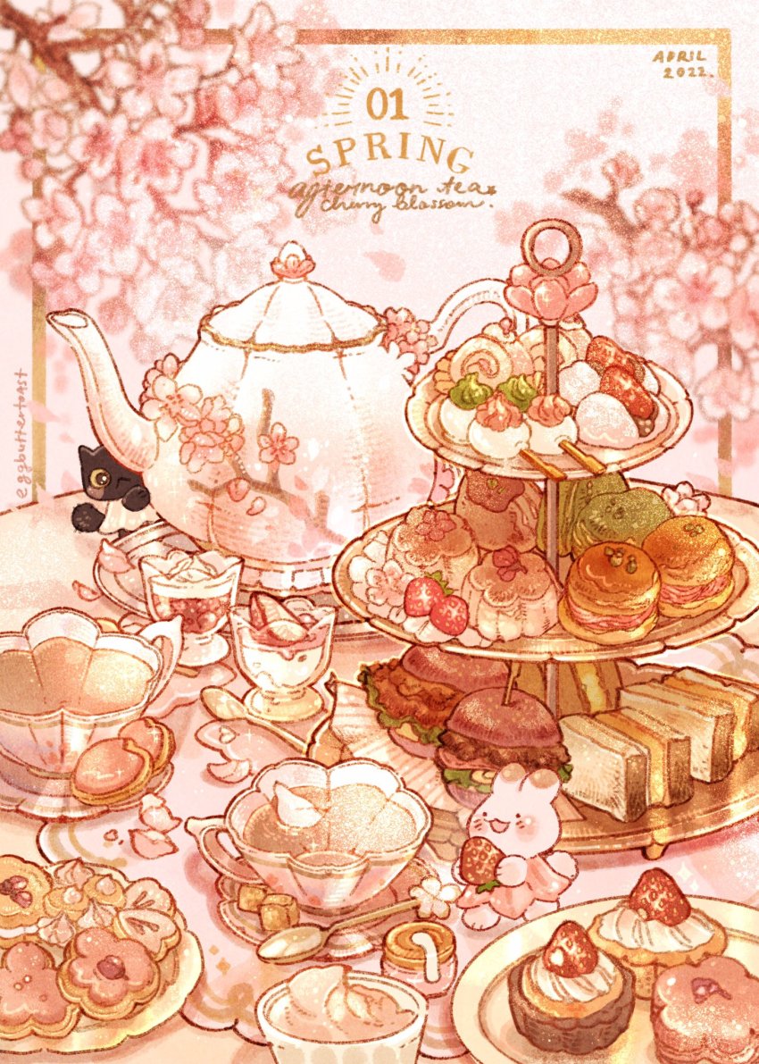 animal, black_cat, burger, cake, cat, cherry_blossoms, clothed_animal, commentary, cookie, cream, cup, daifuku, dango, english_commentary, english_text, feet, food, food_focus, fruit, highres, holding, holding_food, holding_fruit, ichigo_daifuku, jar, macaron, meringue, mousse_(food), nao_(bestrollever), no_humans, original, petals, petals_on_liquid, pickled_cherry_blossom, pink_theme, plate, rabbit, ramekin, sandwich, saucer, scone, spring_(season), strawberry, sugar_cube, swiss_roll, tart_(food), tea, teacup, teapot, teaspoon, themed_object, tiered_tray, wagashi