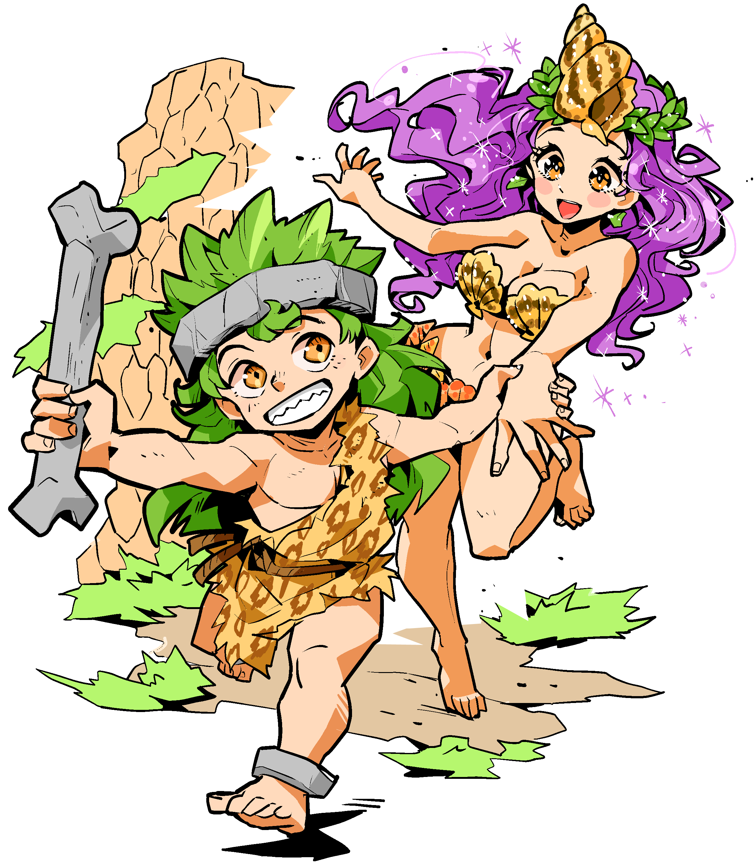 1boy, 1girl, absurdres, anklet, barefoot, beru_(live_a_live), bikini, bone, breasts, brown_eyes, cleavage, green_hair, highres, holding_hands, jewelry, live_a_live, pelt, pogo_(live_a_live), purple_hair, running, sharp_teeth, shell, shell_bikini, smile, sparkle, teeth, wavy_hair, yunta_(yuntalal)