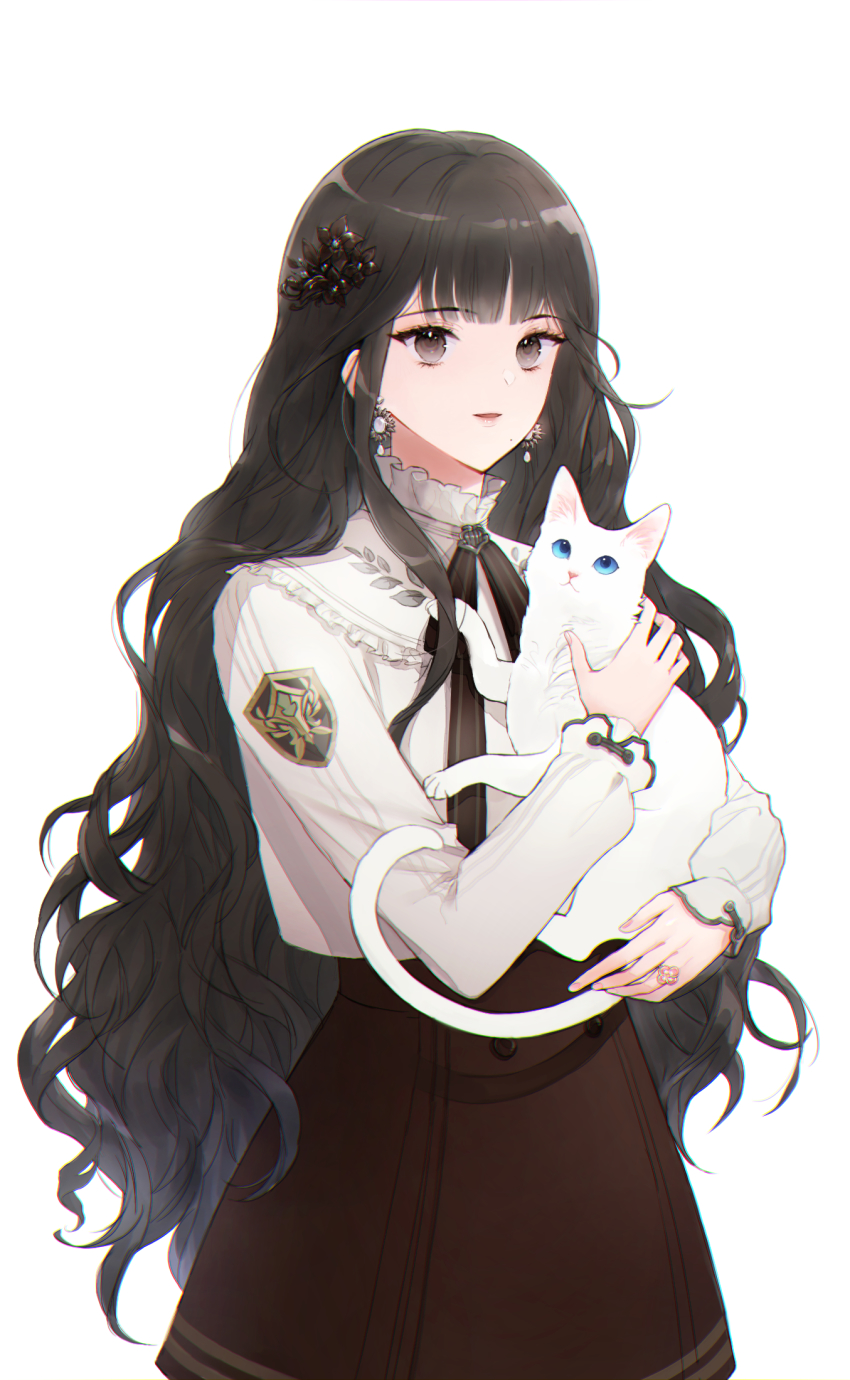 1girl, :3, animal, black_hair, blue_eyes, blunt_bangs, brown_skirt, cat
