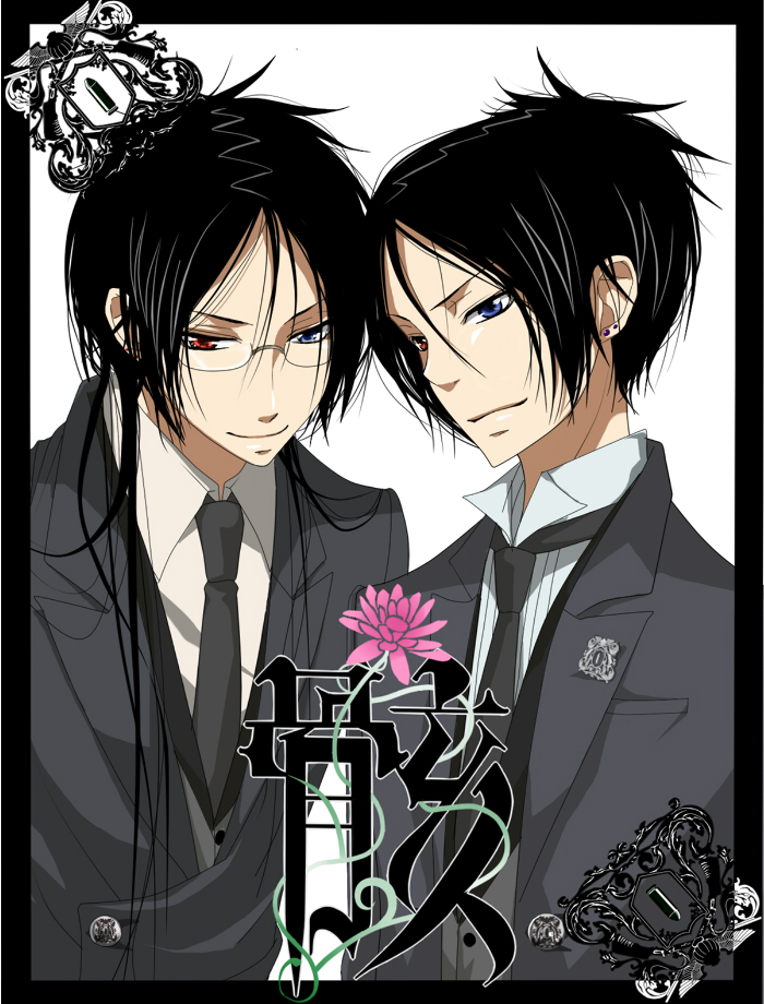 2boys, black_hair, black_neckwear, blue_eyes, closed_mouth, cosplay, flower, formal_clothes, framed, glasses, heterochromia, hibari_kyouya, japanese_text, katekyo_hitman_reborn!, kuroshitsuji, long_hair, looking_at_viewer, male_focus, multiple_boys, necktie, red_eyes, rokudou_mukuro, rose, sebastian_michaelis_(cosplay), shiny_skin, shirt, short_hair, smirk, suit, text_focus, translation_request, upper_body, white_shirt