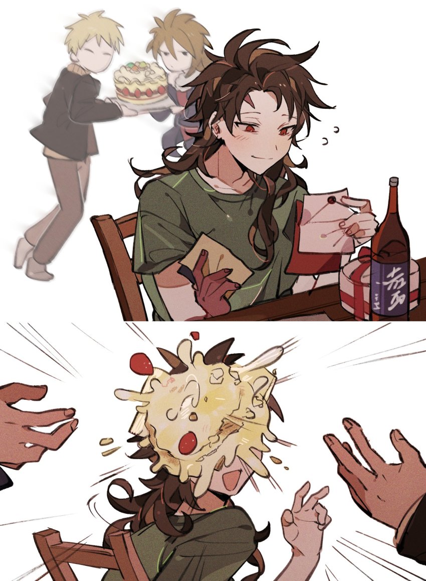 3boys, alcohol, atou_haruki, black_jacket, blonde_hair, blue_jacket, brown_hair, brown_pants