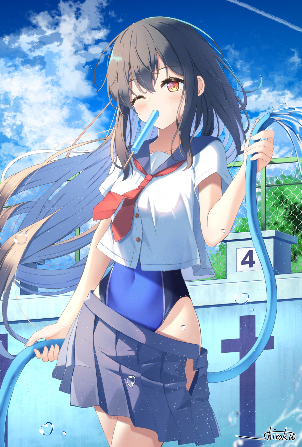 1girl, artist_name, blue_one-piece_swimsuit, blue_sailor_collar, blue_skirt, blue_sky, brown_hair, chain-link_fence