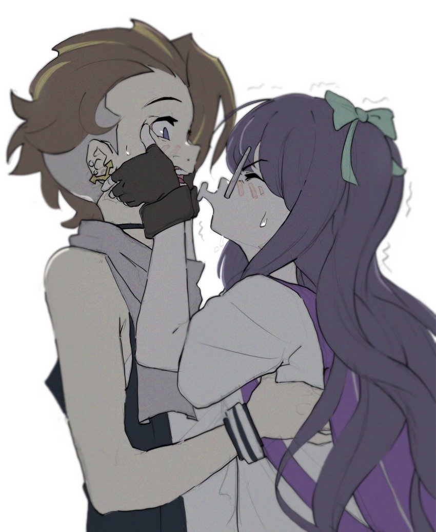 1boy, 1girl, backpack, bag, blue_eyes, blush, brown_hair, choker, earrings, eyebrows, eyebrows_hidden_by_hair, furesawa_tosai, green_ribbon, grey_scarf, hair_ribbon, hands_on_another's_face, hetero, highres, holding, jewelry, kiss, lips, long_hair, puckered_lips, purple_hair, ribbon, scarf, shin_subarashiki_kono_sekai, spaghetto087, subarashiki_kono_sekai, sweatdrop, twintails, undercut, usui_nagi, wristband