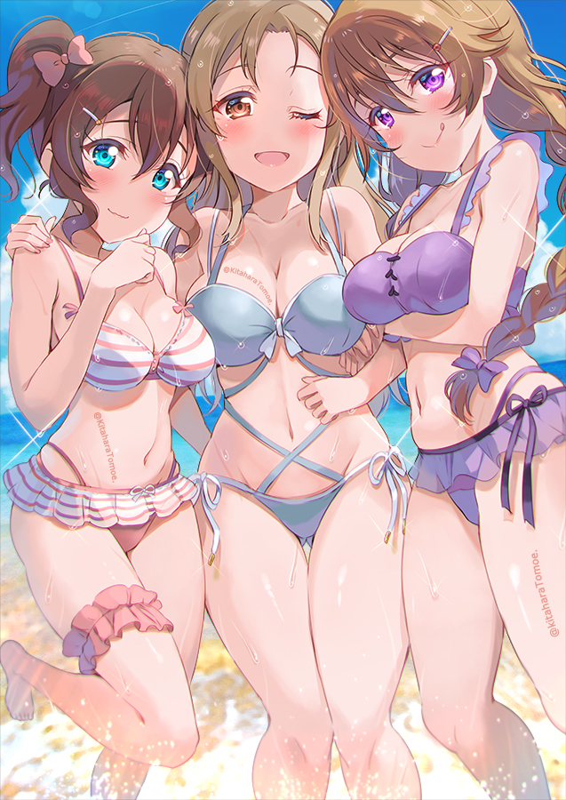 3girls, :q, ;d, aqua_bikini, arm_hug, beach, bikini, bikini_skirt, blue_eyes, blush, bow, breasts, brown_hair, cleavage, closed_mouth, collarbone, commentary, day, eyebrows_hidden_by_hair, foot_up, frilled_thigh_strap, gluteal_fold, groin, hair_between_eyes, hair_bow, hair_ornament, hairclip, hand_on_another's_shoulder, hand_to_own_mouth, kitahara_tomoe_(kitahara_koubou), konoe_haruka, konoe_kanata, konoe_kanata/haruka's_mother, light_brown_hair, light_smile, linea_alba, long_hair, looking_at_viewer, love_live!, love_live!_nijigasaki_high_school_idol_club, medium_breasts, microskirt, mother_and_child, mother_and_daughter, multi-strapped_bikini, multiple_girls, navel, one_eye_closed, one_side_up, open_mouth, orange_eyes, paid_reward_available, parent_and_child, purple_bikini, purple_bow, purple_eyes, red_bikini, red_bow, red_garter, red_skirt, short_hair, side-tie_bikini_bottom, sidelocks, skirt, smile, striped_bikini, striped_clothes, swimsuit, thigh_gap, thigh_strap, thighs, tongue, tongue_out, twitter_username