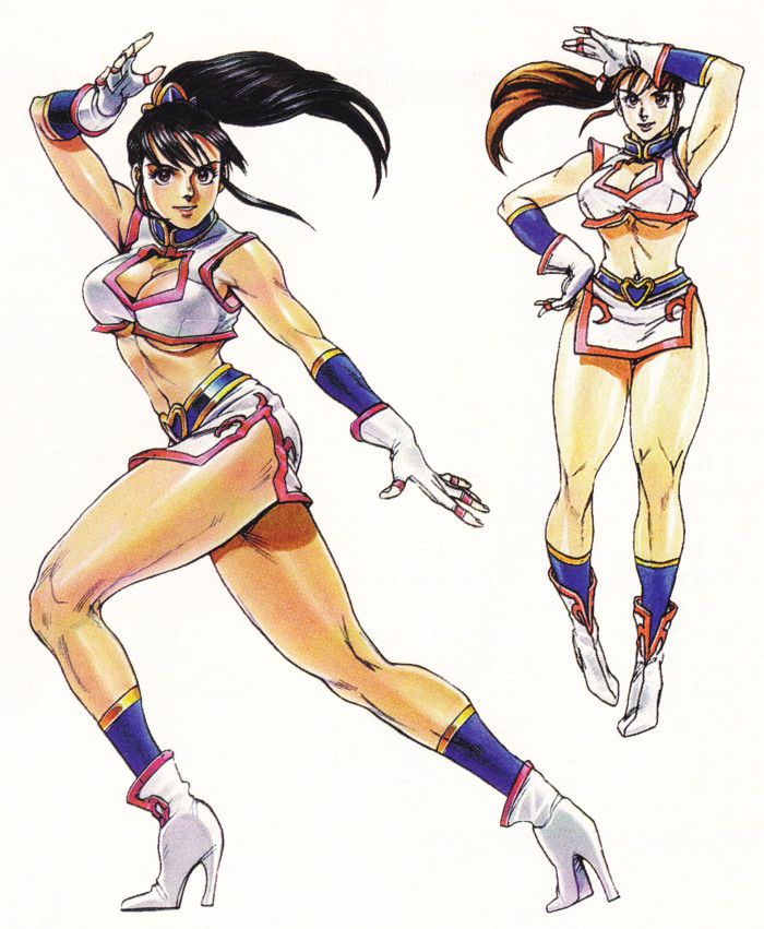 1990s_(style), 1girl, alternate_hair_color, arm_up, black_hair, breasts, brown_hair, cleavage, fighting_stance, fingerless_gloves, full_body, gloves, hand_on_own_hip, high_heels, high_ponytail, hiryuu_no_ken, large_breasts, long_hair, min_min_(hiryuu_no_ken), miniskirt, multiple_views, muscular, muscular_female, navel, non-web_source, official_art, ponytail, retro_artstyle, scan, side_slit, simple_background, skirt, standing, underboob, white_background