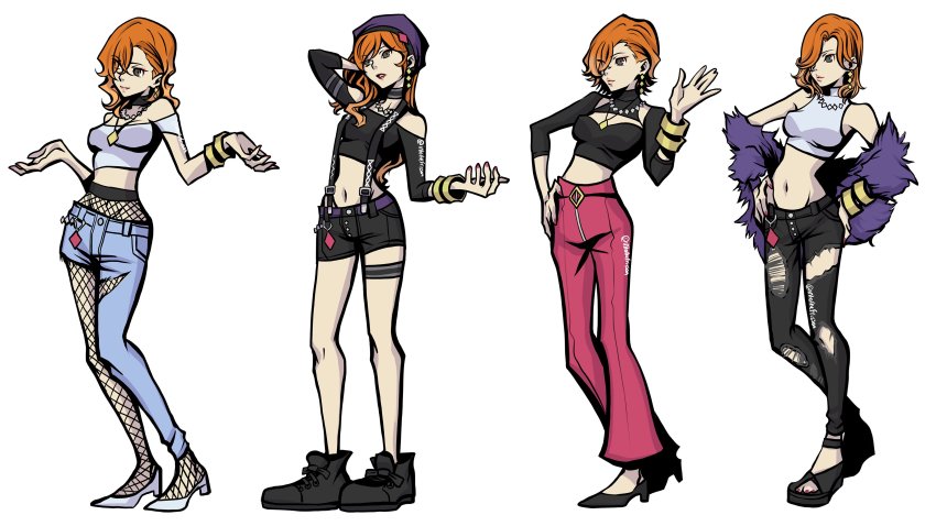 1girl, absurdres, alternate_costume, alternate_hairstyle, beret, brown_eyes, closed_mouth, earrings, eyeliner, female_focus, fishnet_legwear, fishnets, full_body, fur_trim, hair_over_one_eye, hat, high_heels, highres, hip_bones, jewelry, kanon_(ntwewy), lips, lipstick, long_hair, makeup, medium_hair, nail_polish, navel, necklace, orange_hair, pants, parted_lips, red_nails, red_pants, ringlets, shin_subarashiki_kono_sekai, short_hair, simple_background, strap, subarashiki_kono_sekai, torn_clothes, torn_legwear