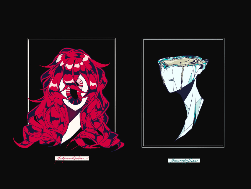 2others, androgynous, black_background, body_horror, character_name, cracked_skin, crystal_hair, facing_viewer