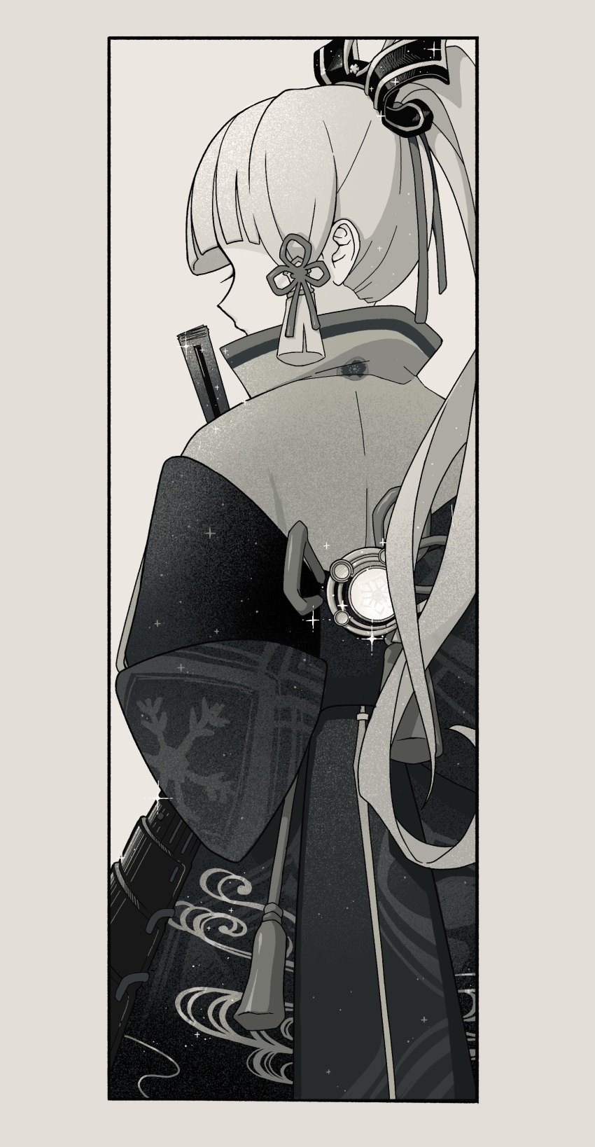 1girl, absurdres, armor, ayaka_(genshin_impact), blunt_bangs, blunt_tresses, border, cowboy_shot, egasumi, eyelashes, folded_fan, folding_fan, from_behind, garan_(_rnono), gem, genshin_impact, hair_ornament, hair_ribbon, hand_fan, highres, japanese_armor, japanese_clothes, kusazuri, light_particles, long_hair, monochrome, ponytail, profile, ribbon, sidelocks, simple_background, snowflake_print, solo, sparkle, tress_ribbon