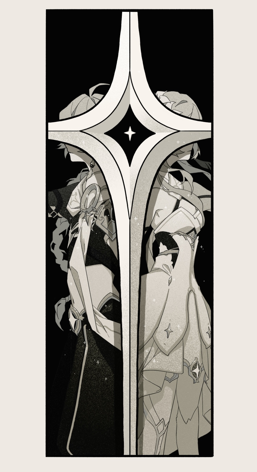 1boy, 1girl, absurdres, aether_(genshin_impact), ahoge, back-to-back, boots, border