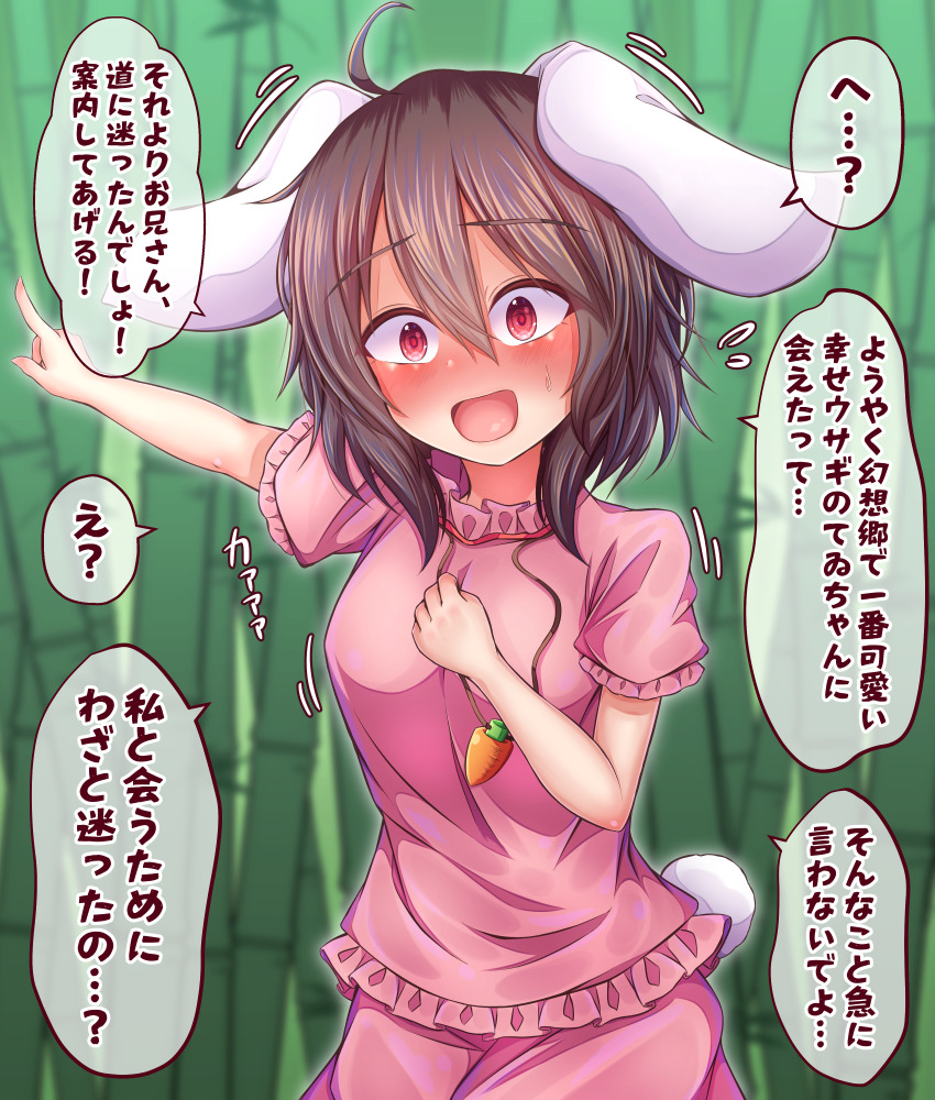 1girl, ahoge, animal_ears, bamboo, bamboo_forest, blush, breasts, carrot_necklace