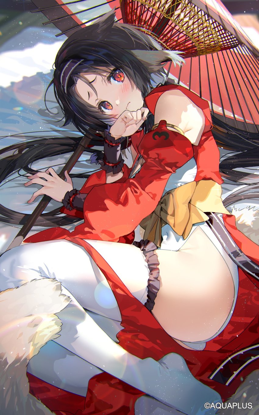 10mo, 1girl, absurdly_long_hair, ainu_clothes, animal_ears, aquaplus, armlet, ass, ass_focus, black_hair, blush, breasts, cleavage, cleavage_cutout, closed_mouth, clothing_cutout, covered_navel, detached_sleeves, embarrassed, feet, fingernails, frilled_thighhighs, frills, from_above, from_side, full_body, futon, gradient_eyes, hairband, highres, hip_vent, holding, holding_umbrella, holding_weapon, jewelry, knees_up, large_breasts, legs_together, leotard, light_particles, long_hair, long_sleeves, long_twintails, looking_at_viewer, low_twintails, lying, multicolored_eyes, official_art, on_side, orange_sash, parted_bangs, raised_eyebrows, red_eyes, red_umbrella, sash, shis, sidelocks, solo, tail, thick_thighs, thighhighs, thighs, toned, toned_female, toned_stomach, twintails, umbrella, utawarerumono, utawarerumono:_futari_no_hakuoro, utawarerumono:_lost_flag, very_long_hair, weapon, white_thighhighs