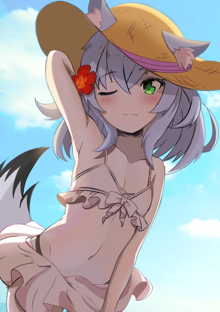 1girl, animal_ear_fluff, animal_ears, arm_up, bare_shoulders, bikini, collarbone, flat_chest, flower, green_eyes, grey_hair, hair_flower, hair_ornament, hat, highres, kamizuki_naki, navel, one_eye_closed, prism_project, solo, straw_hat, swimsuit, tail, the_k_art, virtual_youtuber, wolf_ears, wolf_girl, wolf_tail