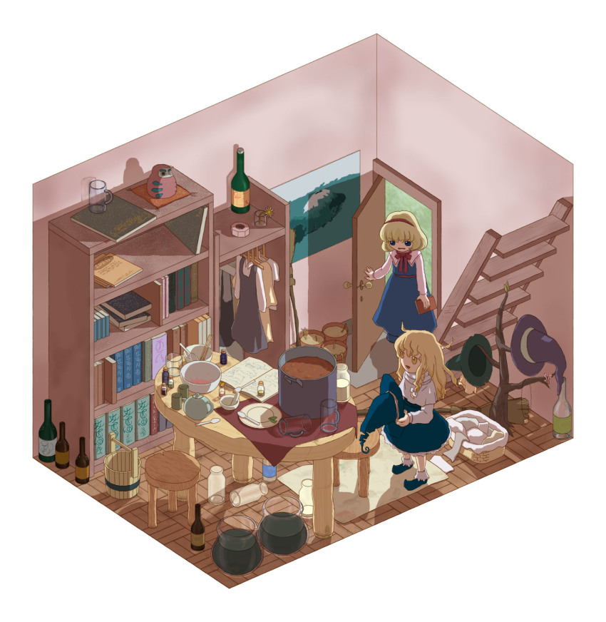 2girls, absurdly_detailed_composition, alice_margatroid, blonde_hair, bottle, daruma_doll, female_focus, hat, highres, house, interior, isometric, kirisame_marisa, loaded_interior, messy, multiple_girls, ribbon, room, touhou, witch_hat, zo_tuite