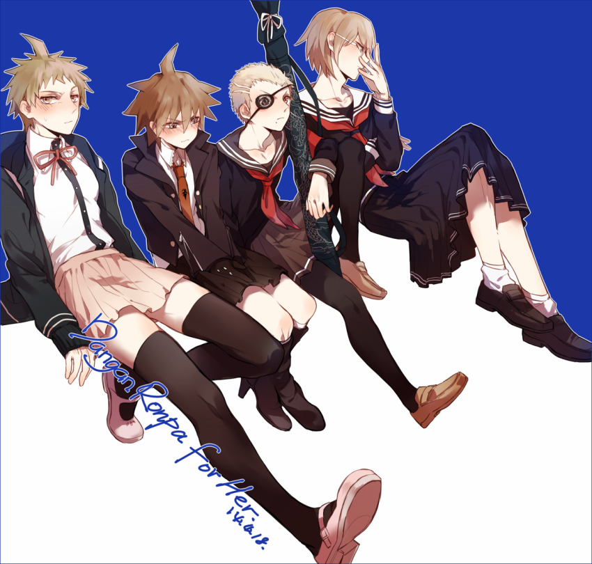 4boys, adjusting_eyewear, ahoge, arms_at_sides, between_legs, black_footwear, black_jacket, black_pantyhose