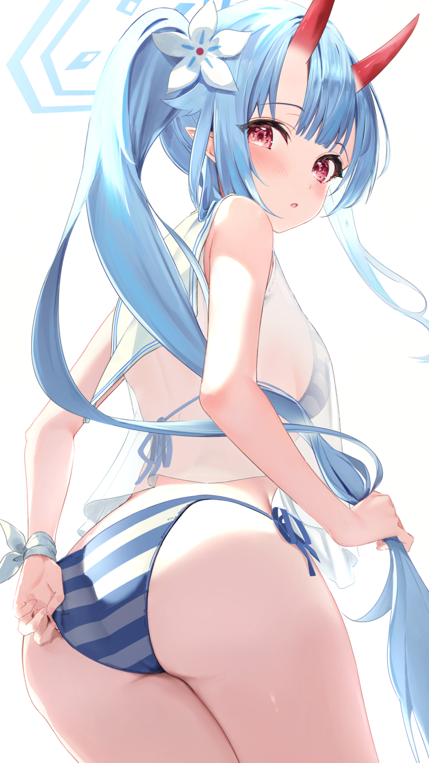 1girl, ass, bikini, blue_archive, blue_hair, blush, chise_(blue_archive), chise_(swimsuit)_(blue_archive), cowboy_shot, flower, from_behind, hair_flower, hair_ornament, halo, highres, holding, holding_own_hair, horns, long_hair, looking_at_viewer, looking_back, nokke_o, parted_lips, pointy_ears, red_eyes, sailor_collar, see-through_clothes, side-tie_bikini_bottom, side_ponytail, sidelocks, simple_background, skin-covered_horns, solo, standing, striped_bikini, striped_clothes, swimsuit, very_long_hair, white_background, white_flower, white_sailor_collar