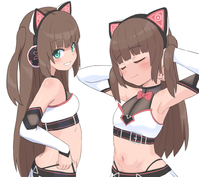 1girl, animal_ear_headphones, animal_ears, aqua_eyes, armpits, arms_behind_head, blunt_bangs, breasts, brown_hair, bubukka, cat_ear_headphones, cat_ears, detached_sleeves, fake_animal_ears, grin, headphones, hololive, long_hair, midriff, natsuiro_matsuri, natsuiro_matsuri_(re:start), navel, official_alternate_costume, official_alternate_hairstyle, simple_background, small_breasts, smile, solo, thong, two_side_up, upper_body, virtual_youtuber, white_background
