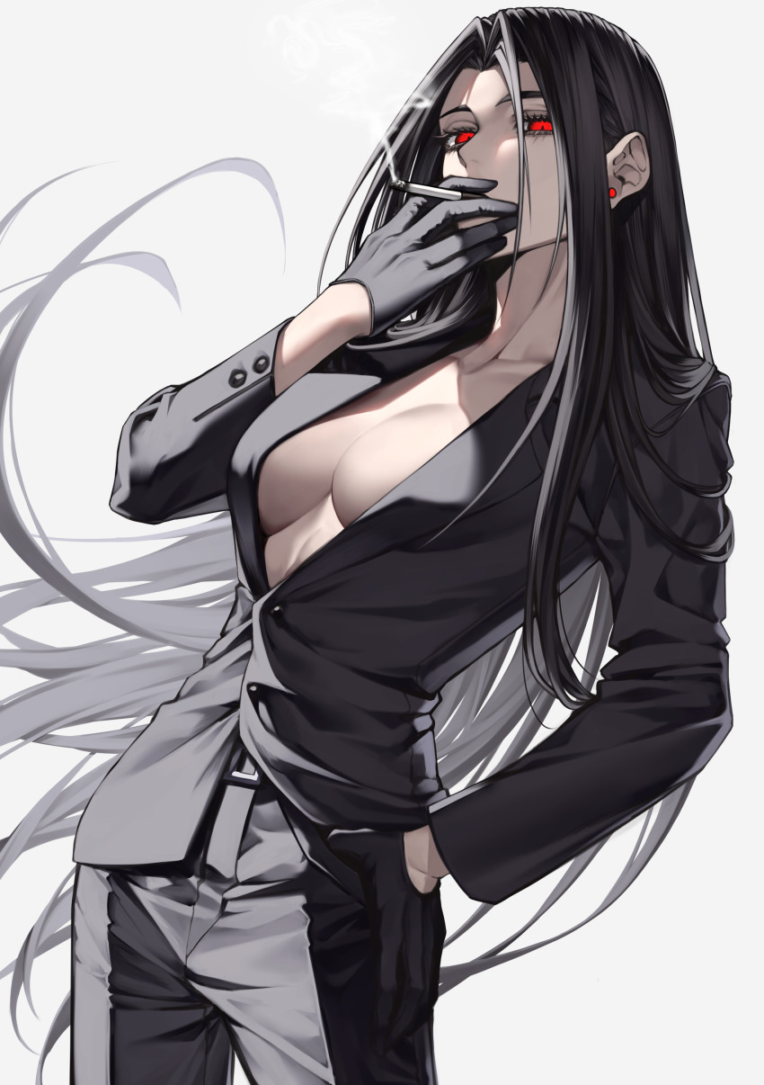 1girl, absurdres, black_gloves, black_hair, black_suit, breasts, center_opening, cigarette, earrings, female_focus, formal_clothes, forute_na, gloves, glowing, glowing_eyes, hand_on_own_hip, highres, jacket, jewelry, long_hair, medium_breasts, original, pants, parted_hair, plunging_neckline, red_eyes, simple_background, smoke, smoking, solo, suit, suit_jacket, white_background