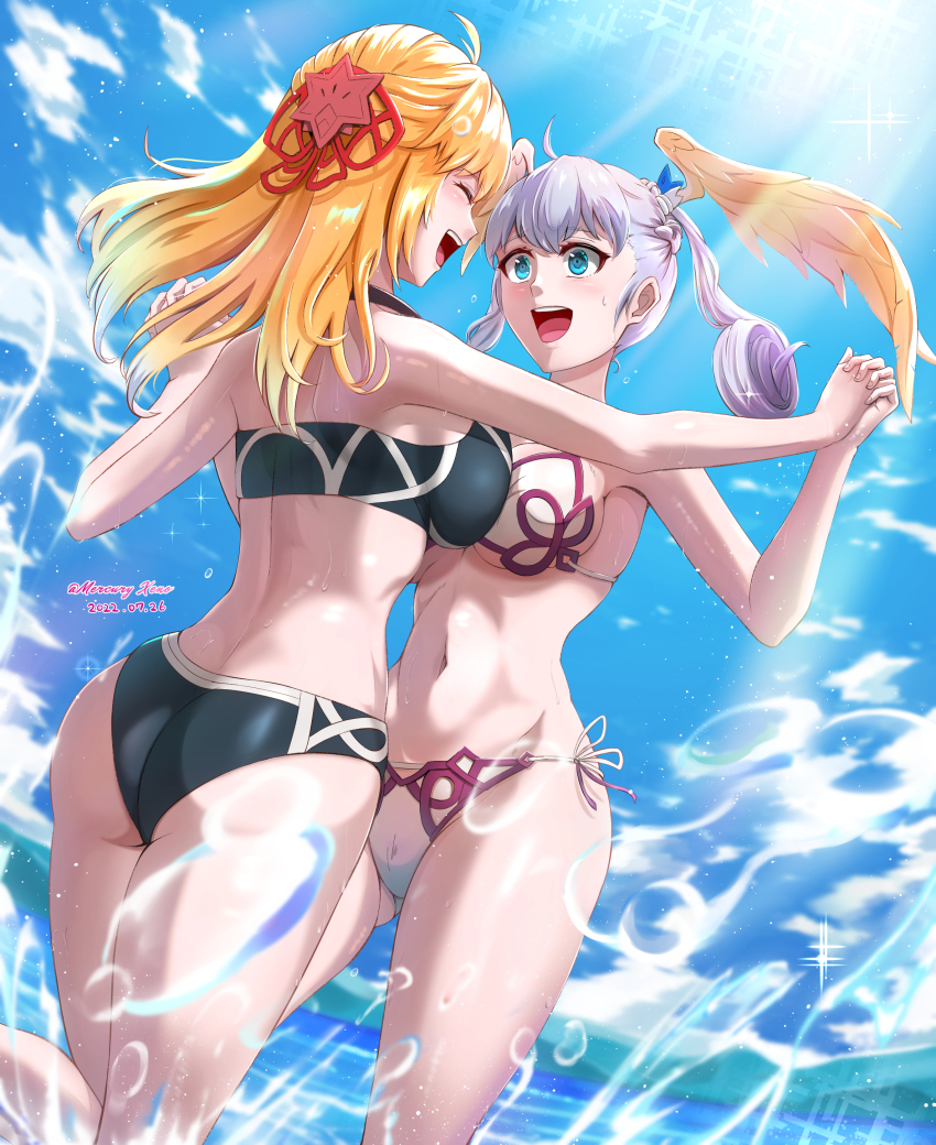 2girls, absurdres, alternate_costume, ass, asymmetrical_docking, bikini, breast_press, breasts