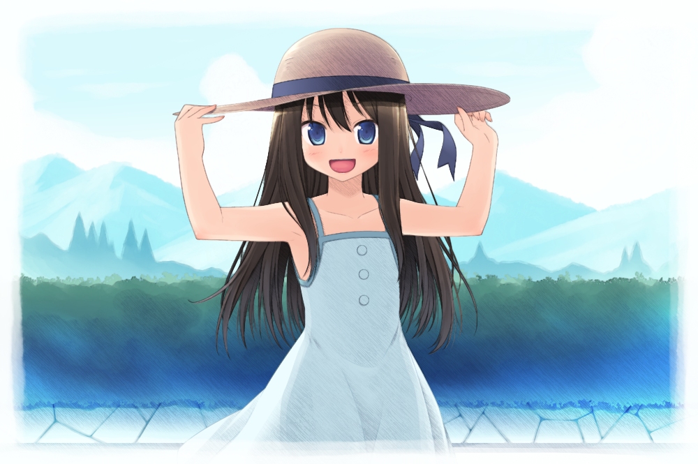 1girl, :d, amamiya_minato, blue_eyes, border, brown_hair, day, dress