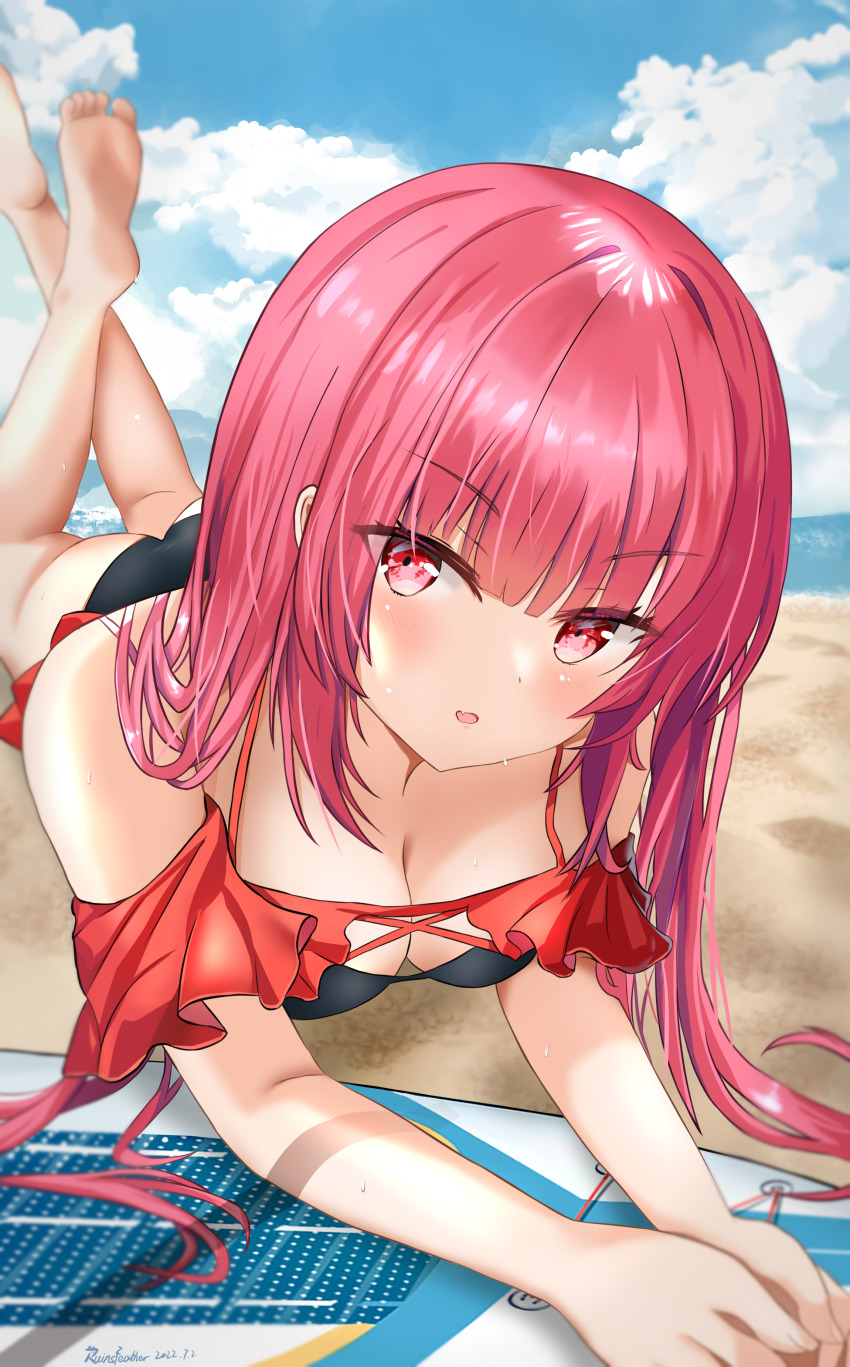 1girl, absurdres, ass, azur_lane, barefoot, beach, bikini, black_bikini