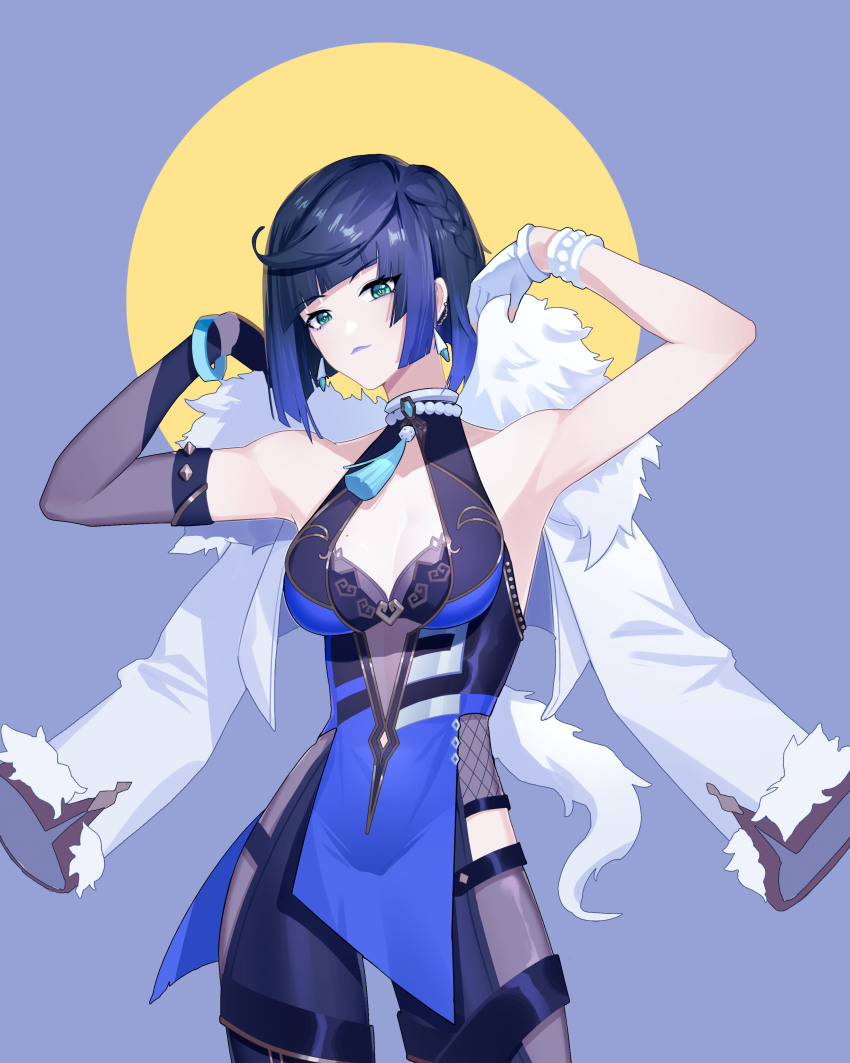 1girl, absurdres, armpits, asymmetrical_gloves, black_hair, blunt_bangs, bob_cut, bracelet