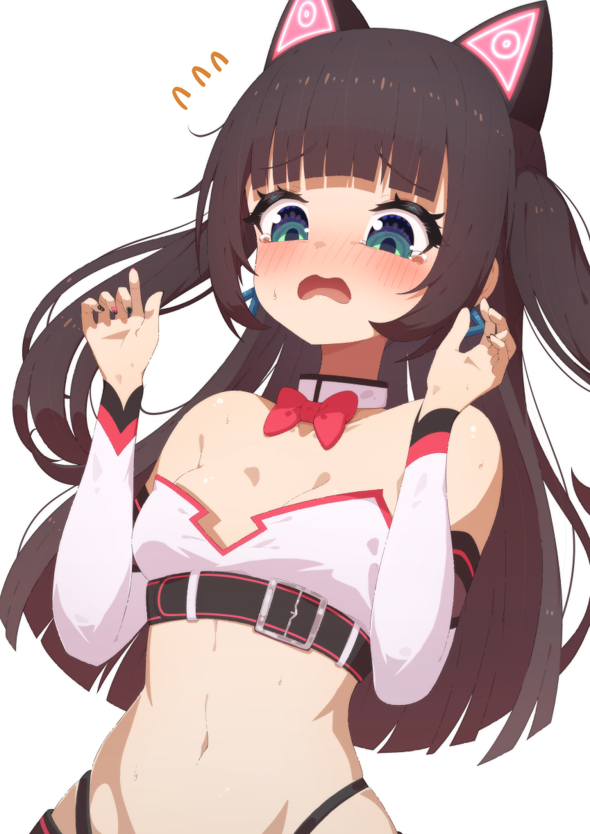 1girl, absurdres, animal_ear_headphones, animal_ears, aqua_eyes, bare_shoulders, belt, black_nails