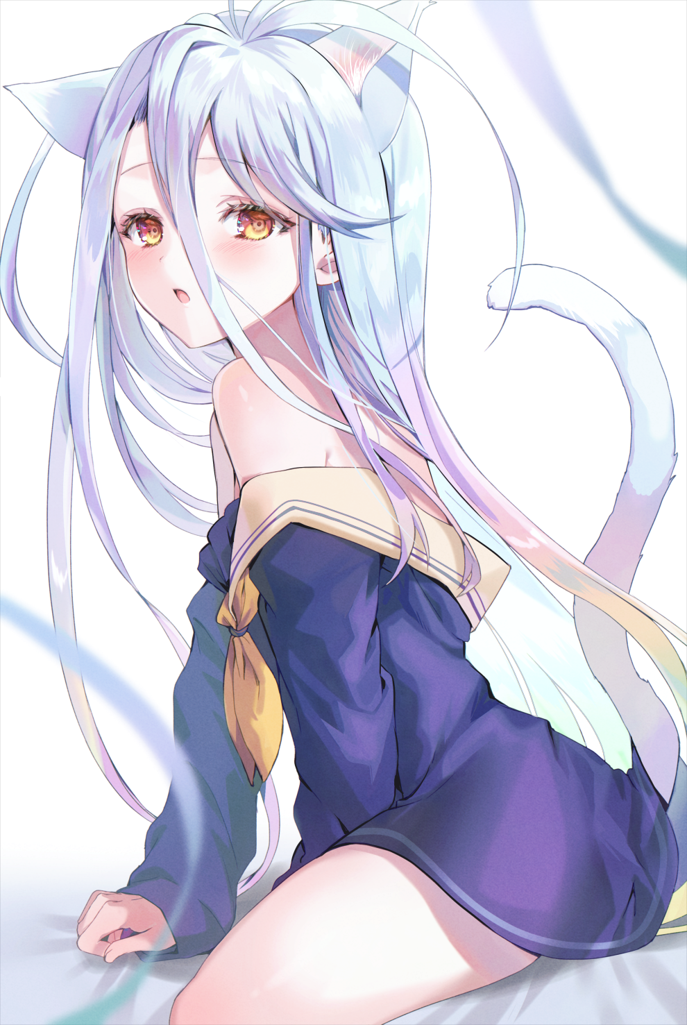 1girl, animal_ear_fluff, animal_ears, bare_shoulders, blue_dress, blue_hair, blurry, blurry_foreground, brown_eyes, brown_sailor_collar, cat_ears, cat_girl, cat_tail, commentary_request, depth_of_field, dress, hair_between_eyes, highres, kemonomimi_mode, long_hair, looking_at_viewer, looking_to_the_side, neckerchief, no_game_no_life, off_shoulder, paraffin, parted_lips, sailor_collar, sailor_dress, shiro_(no_game_no_life), solo, tail, tail_raised, very_long_hair, white_background, yellow_neckerchief