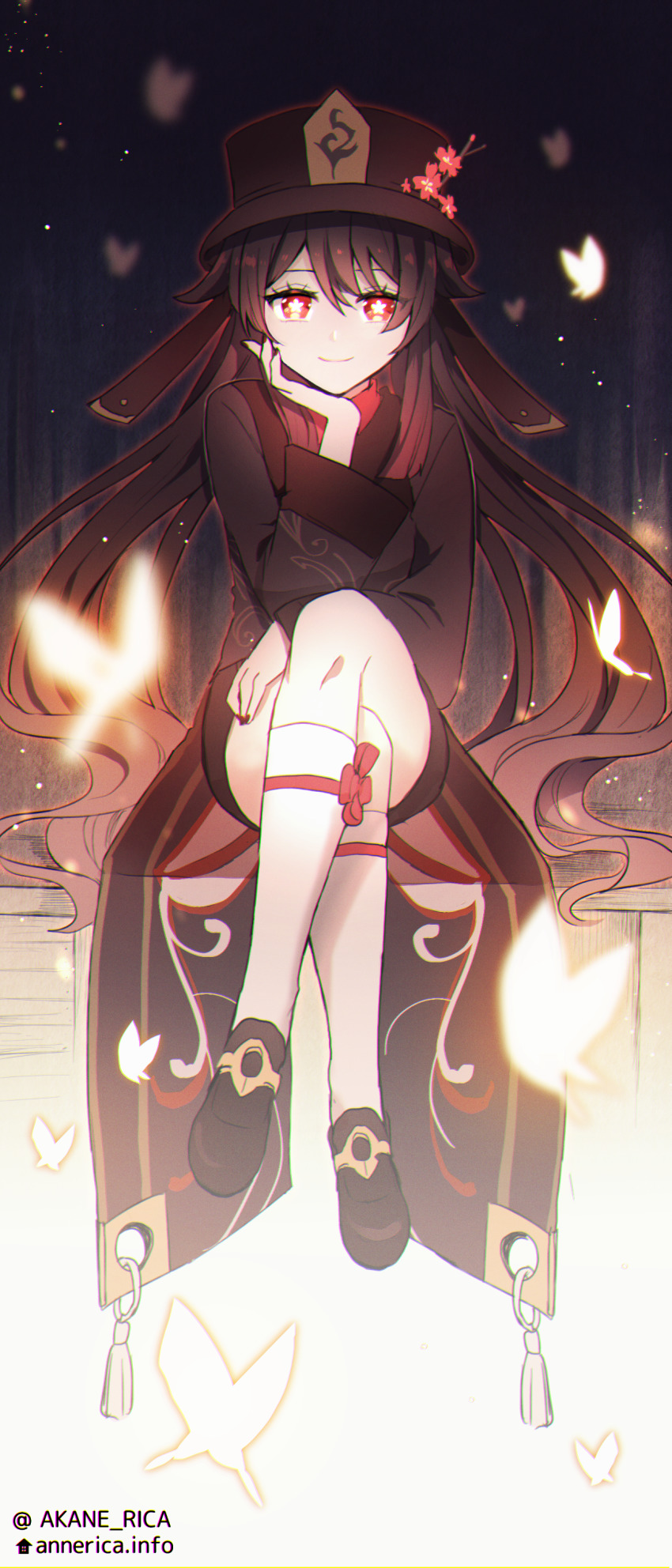 1girl, absurdres, annerica, arm_support, black_nails, brown_hair, bug, butterfly