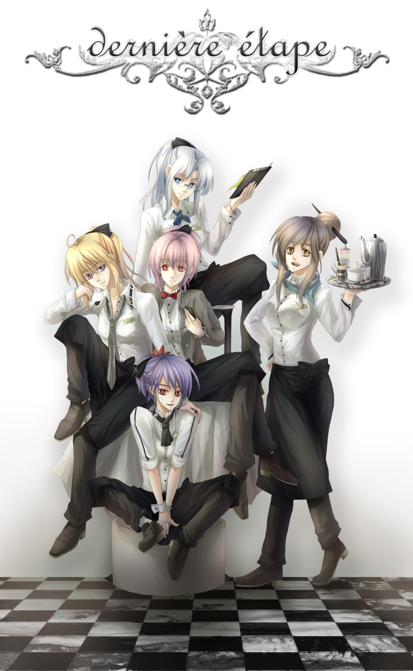 5girls, absurdres, bad_id, bad_pixiv_id, blonde_hair, blue_eyes, bow, bowtie