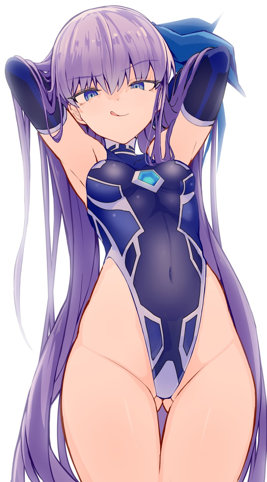1girl, :q, absurdres, alternate_costume, armpits, arms_behind_head, arms_up, backlighting, between_breasts, blue_eyes, blue_gloves, blue_leotard, blue_ribbon, breasts, closed_mouth, covered_collarbone, covered_navel, cowboy_shot, elbow_gloves, fate/extra, fate/extra_ccc, fate/grand_order, fate_(series), gloves, gluteal_fold, groin, hair_between_eyes, hair_ribbon, half-closed_eyes, halterneck, hands_in_own_hair, heattech_leotard, highleg, highleg_leotard, highres, impossible_clothes, impossible_leotard, leotard, licking_lips, long_hair, looking_at_viewer, meltryllis_(fate), naughty_face, purple_hair, ribbon, simple_background, small_breasts, smile, solo, standing, straight_hair, thigh_gap, thighs, tongue, tongue_out, turtleneck, v-shaped_eyebrows, very_long_hair, white_background, yoosai
