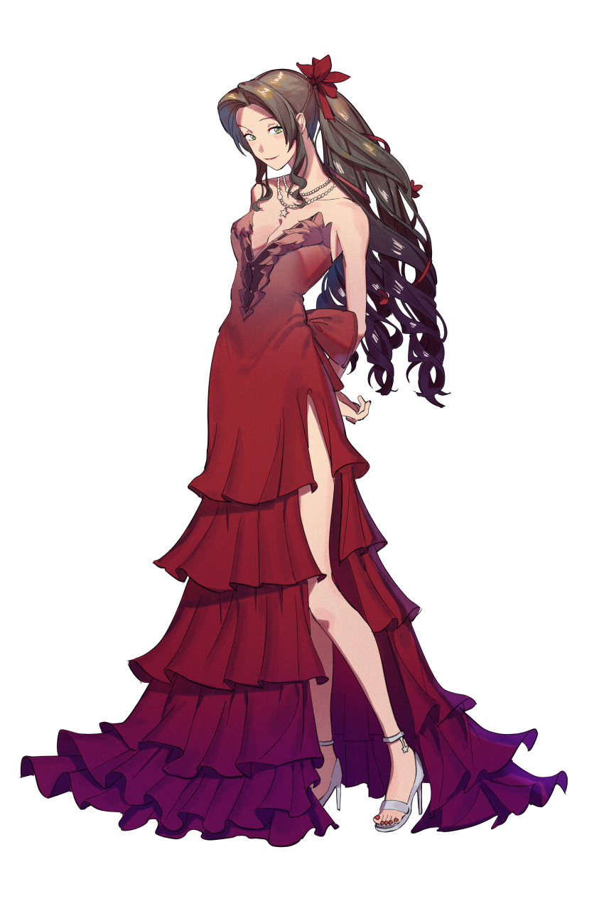 1girl, absurdres, aerith_gainsborough, aerith_gainsborough_(red_dress), arms_behind_back, back_bow, bare_arms, bow, breasts, brown_hair, cleavage, collarbone, dress, final_fantasy, final_fantasy_vii, final_fantasy_vii_remake, flamenco_dress, flower, full_body, green_eyes, hair_flower, hair_ornament, hair_ribbon, high_heel_sandals, high_heels, highres, jewelry, long_dress, long_hair, looking_at_viewer, medium_breasts, nail_polish, necklace, official_alternate_costume, parted_bangs, plunging_neckline, ponytail, red_dress, red_nails, ribbon, ringlets, sandals, shioajiass, side_slit, sidelocks, solo, square_enix, strapless, strapless_dress, toenail_polish, toenails, wall_market, wavy_hair, white_background