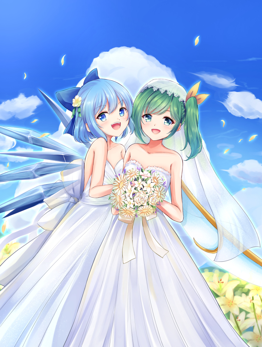 2girls, :d, bare_arms, bare_shoulders, blue_eyes, blue_hair, blue_sky, bouquet