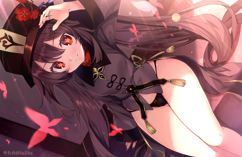 1girl, arm_up, bare_legs, black_hat, black_nails, black_panties, blush, bow